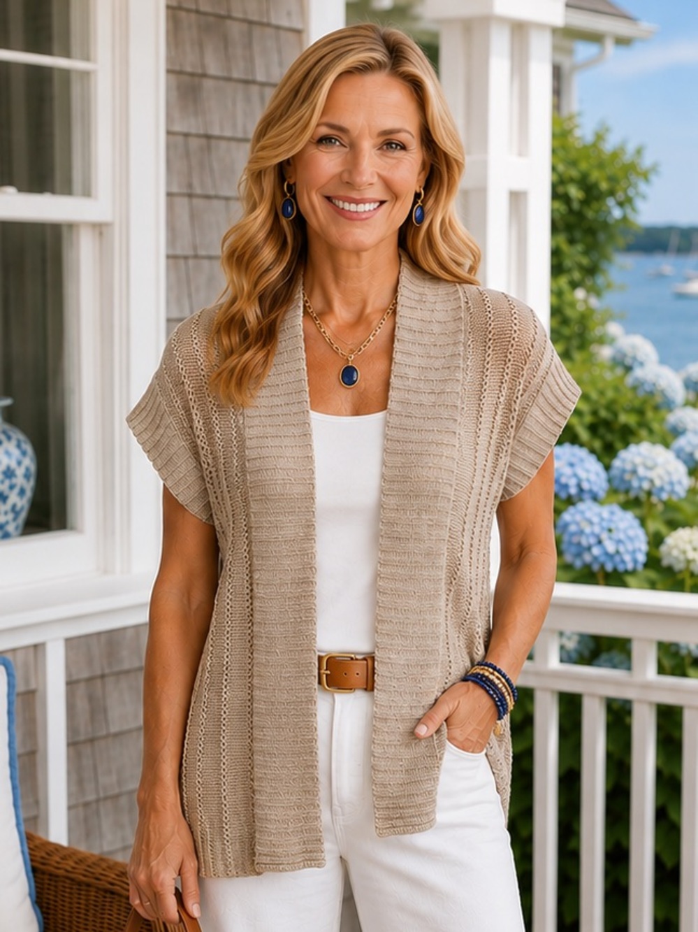 St. John’s Bay Open Knit Sweater Vest Cardigan Coastal Hamptons Chic